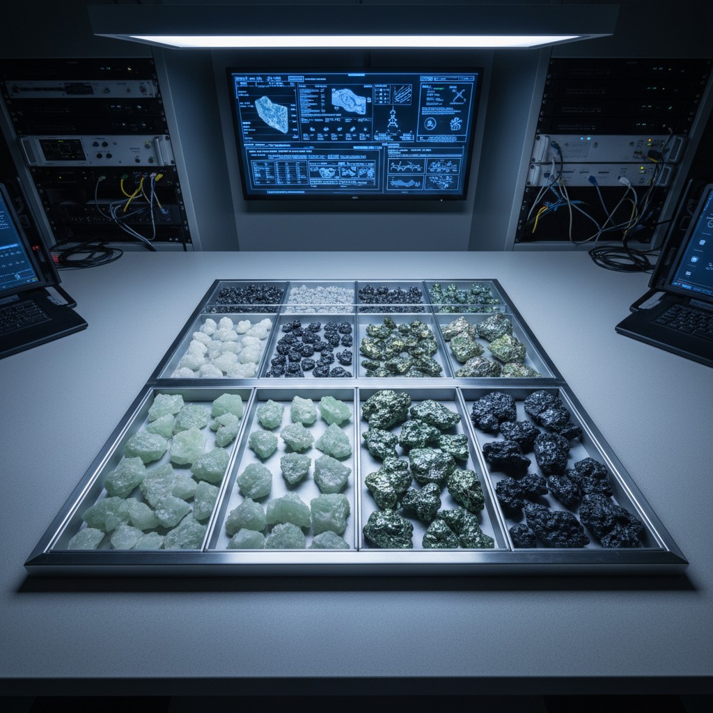 A collection of rough gemstones, including green, white, and black varieties, is arranged in trays within a glass case. Th...