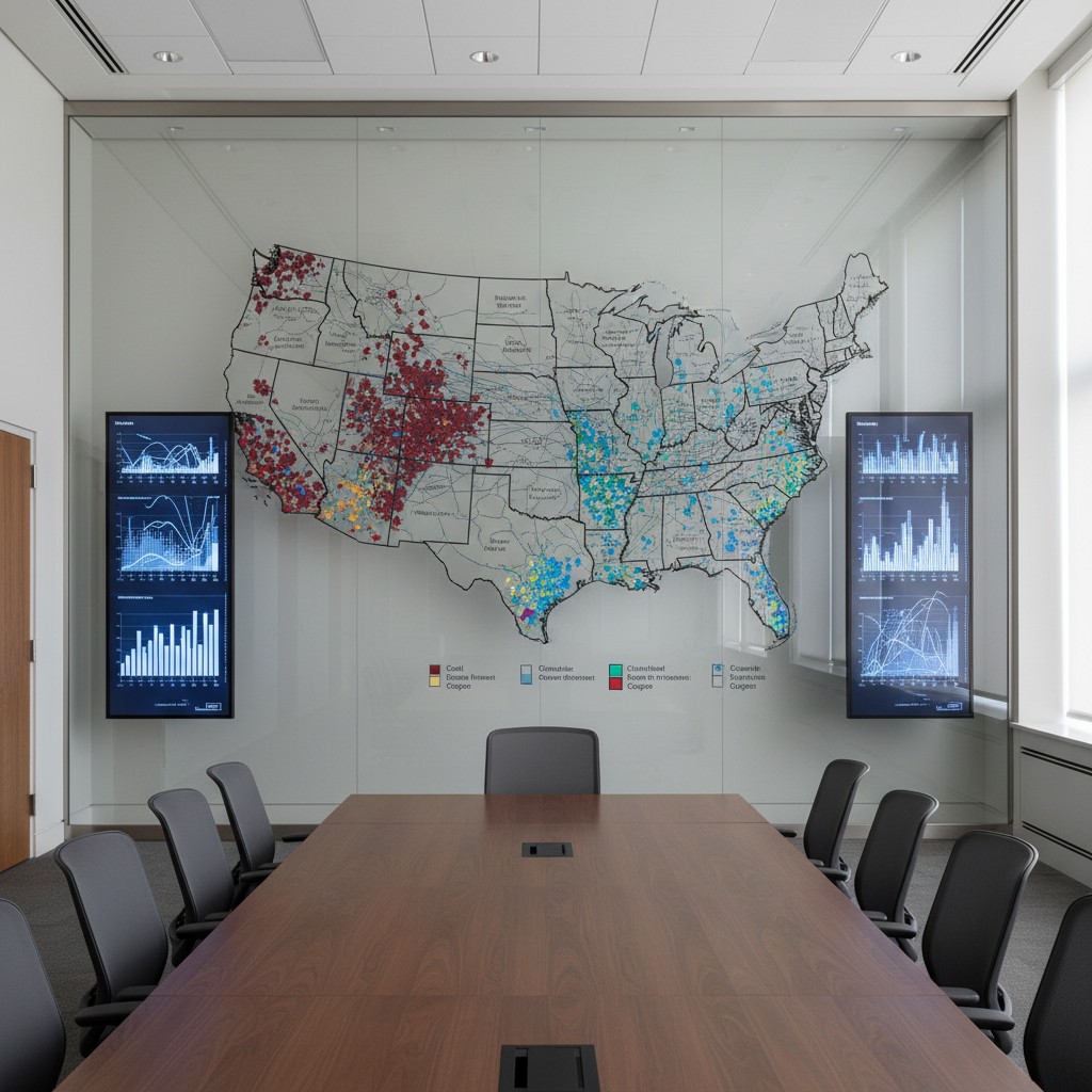 A modern conference room, featuring a large glass wall displaying a map of the United States and two vertical screens disp...