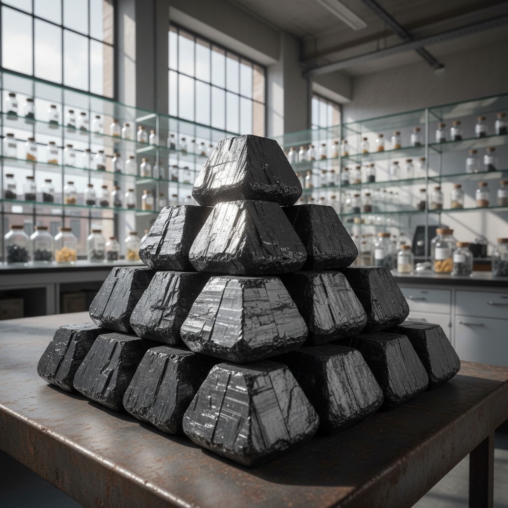 A pile of raw coal cubes sits on a worn metal table in a laboratory, with a wall behind it filled with rows of glass jars ...