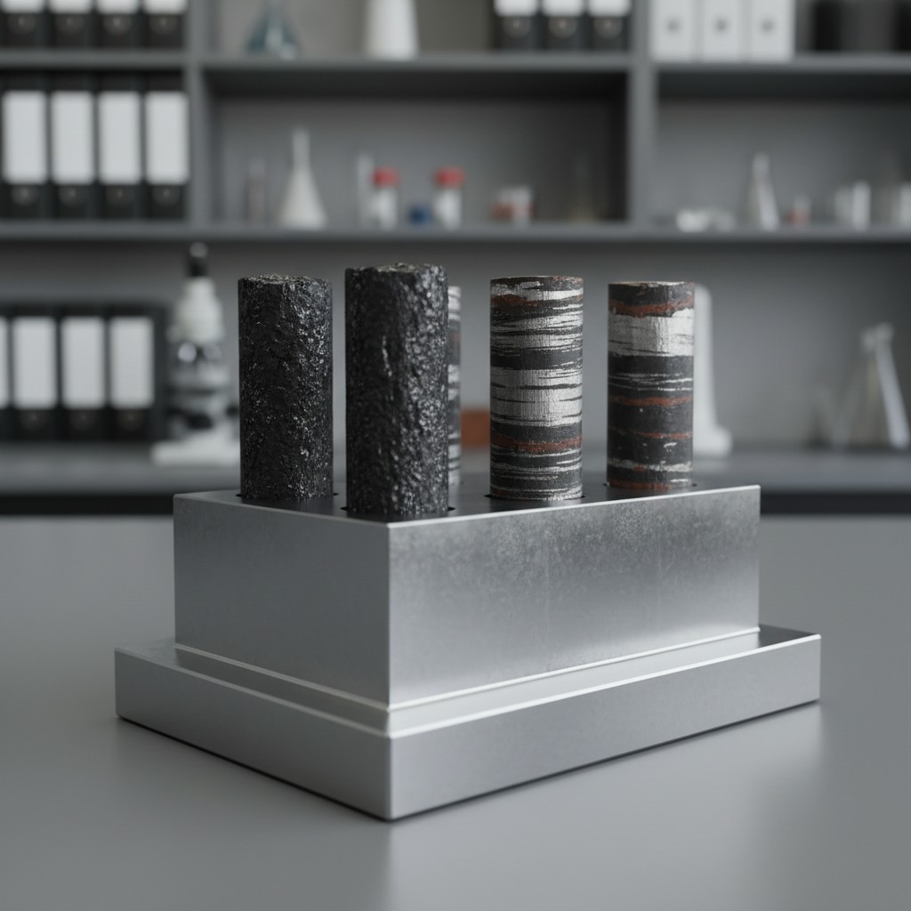 A group of cylindrical pieces of metal or alloy material, each with a unique texture or pattern, placed on a metallic base...