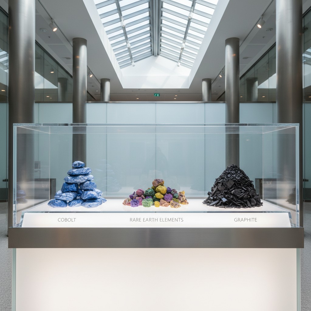 "Empty glass display cases with copper trim, display containing raw version of cobalt, rare earth elements, and graphite w...